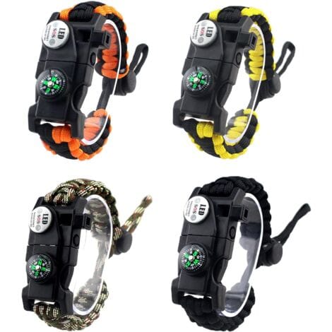 Berlebensarmbänder (4er-Pack) s Wanderausrüstung Wildcamping-Ausrüstungsset Notfall-Überlebensset mit Feuerstarter, Erste-Hilfe-Set