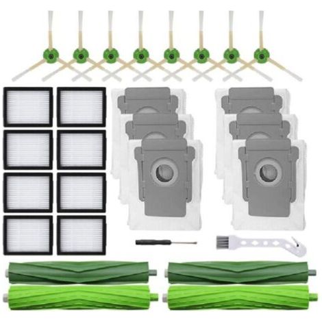Kit D'Accessoires Pour Irobot Roomba I7 I7+ I3 I3+ I4 I4+ I6 I6+ I8 I8+ E5 E6 E7 – Pièces De Rechange, 2 Brosses Principales, 8 Filtres Hepa, 8 Brosses Latérales Et 6 Sacs À Poussière