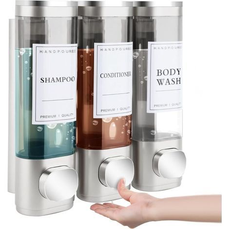 Lot De 3 Distributeurs De Savon, Fixation Murale, Sans Perçage, Distribution Uniforme De Liquide, Anti-fuite, Convient Pour Shampooing, Gel Douche, Savon Liquide, Après-shampoing, Argent