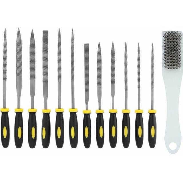 Set mit 13 Nadelfeilen, kleinen Holzfeilen und Raspeln – Diamantfeilenset mit Stahldraht-Reinigungsbürste für Holz-, Glas-, Metall- und Steinarbeiten