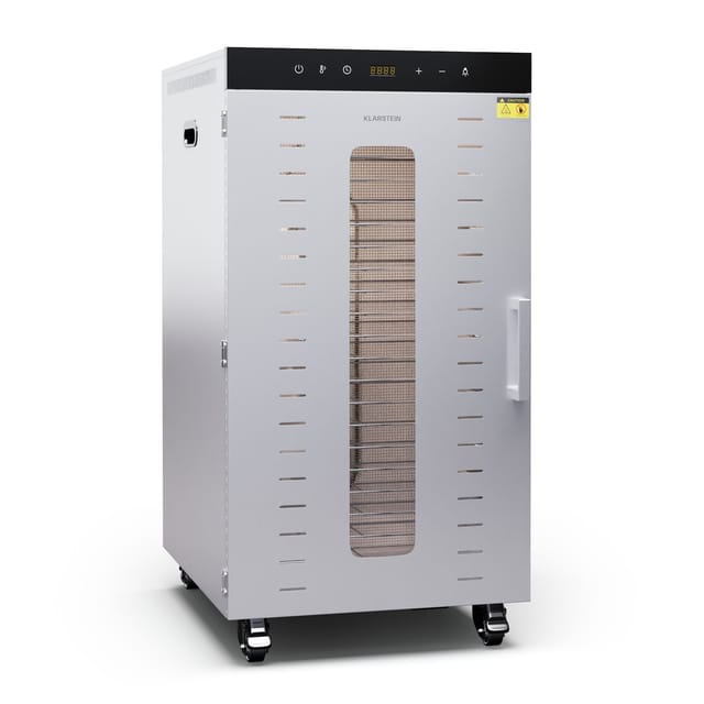 Klarstein Dörrautomat Edelstahl 2.000-W-Dörrgerät, 20 Edelstahl-Einlegeböden, 3090 °C, 24-Stunden-Timer, 3 Ventilatoren, 5055 dB, ideal für Obst,