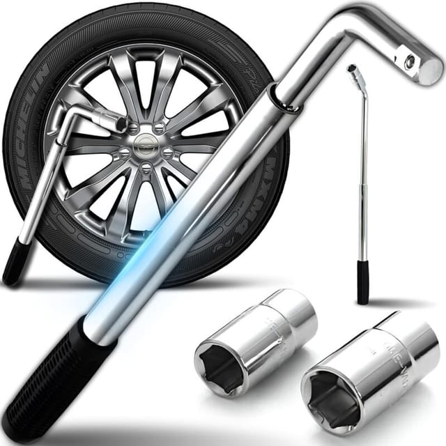 Teleskop-reifenschlüssel, Rutschfester Gummigriff, 17, 19, 21 Und 23 Mm Steckschlüssel, Chromstahl, Verstellbare Länge 350-500 Mm, Werkzeug Kompatibel Mit Autos, Motorrädern Und Garagen