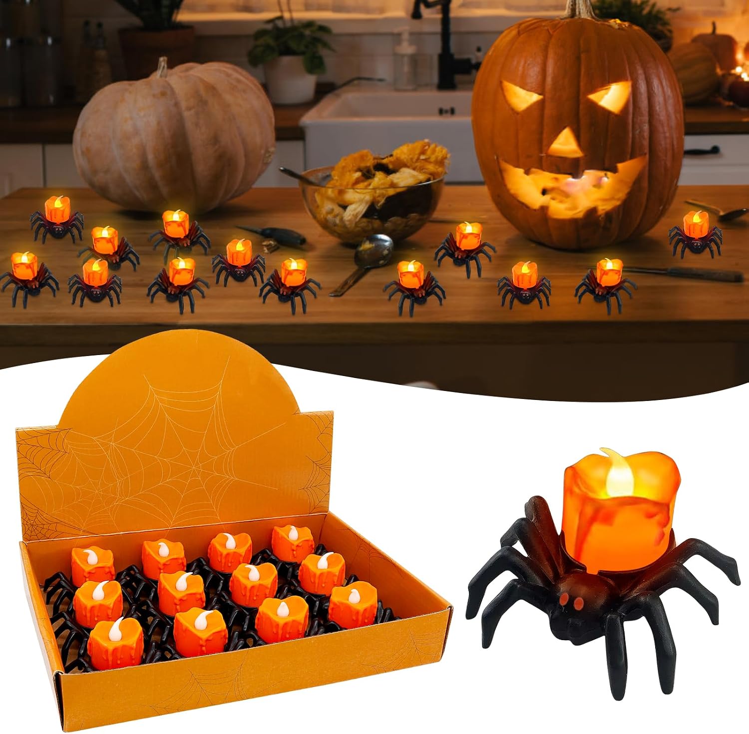 Set Mit 12 Led-spinnenkerzen Für Halloween, Flammenlos, Wiederverwendbar, Flackerndes Licht, Partydekoration Für Drinnen Und Draußen