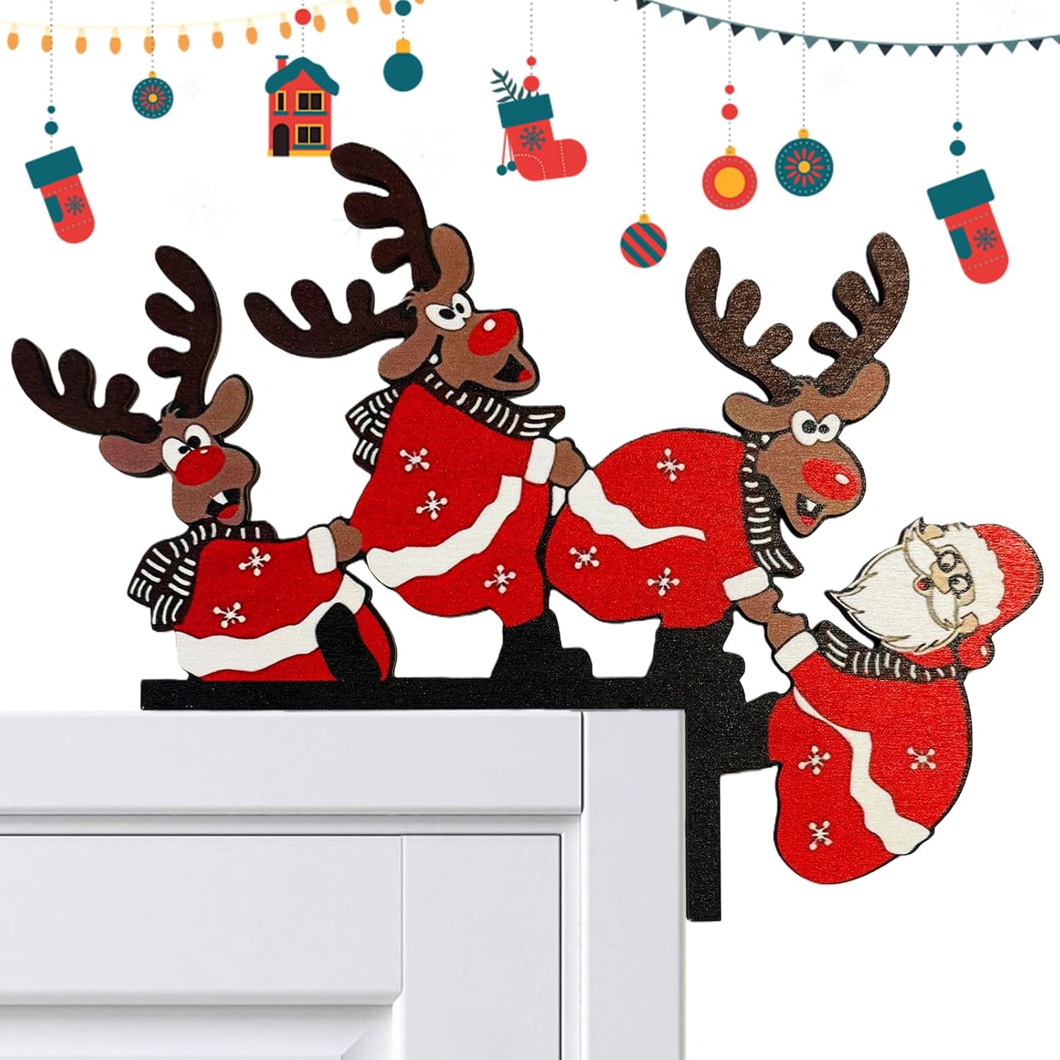 Weihnachtsdekoration Aus Holz Mit Weihnachtsmann Und Rentieren, Lustige Dekoration Über Der Tür, Festliche Atmosphäre Garantiert (rechts).
