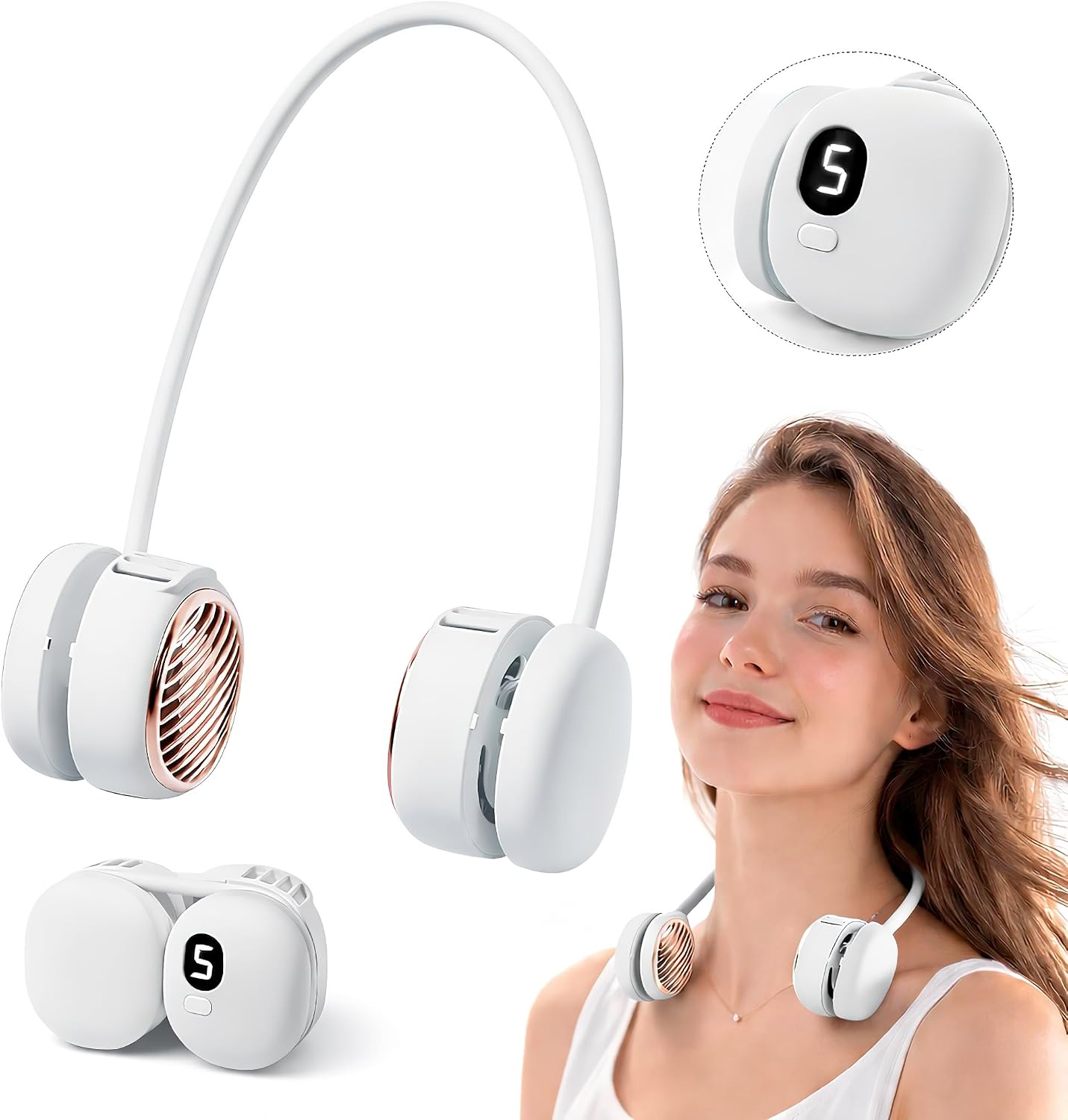 Wiederaufladbarer Nackenventilator Mit 5 Geschwindigkeitsstufen Und Led-anzeige. Extrem Leise Mit Nur 40 Db. Ideal Für Reisen, Sport Und Büro (weiß).