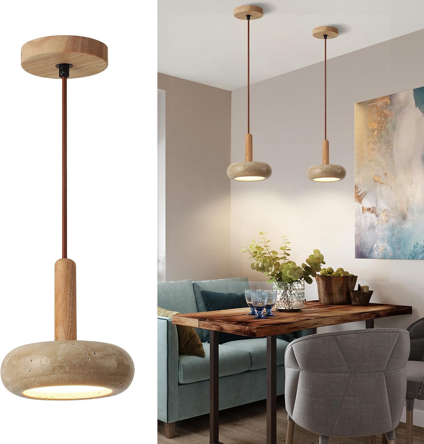 Gelber Travertin-kronleuchter, Led-holzdeckenleuchte, Höhenverstellbar, Geeignet Für Moderne Einrichtungen, Schlafzimmer, Esszimmer, Wohnzimmer, Küche, Warmes Licht