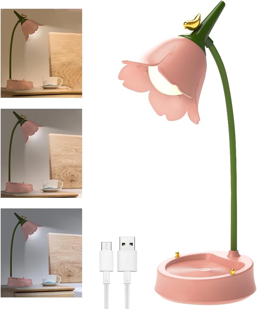 Led-tischlampe Für Kinder, Florale Tischlampe Mit 3 Farbtemperaturen, Kabellose Leselampe Mit Tastsensor Und Flexiblem Arm Zum Lesenlernen