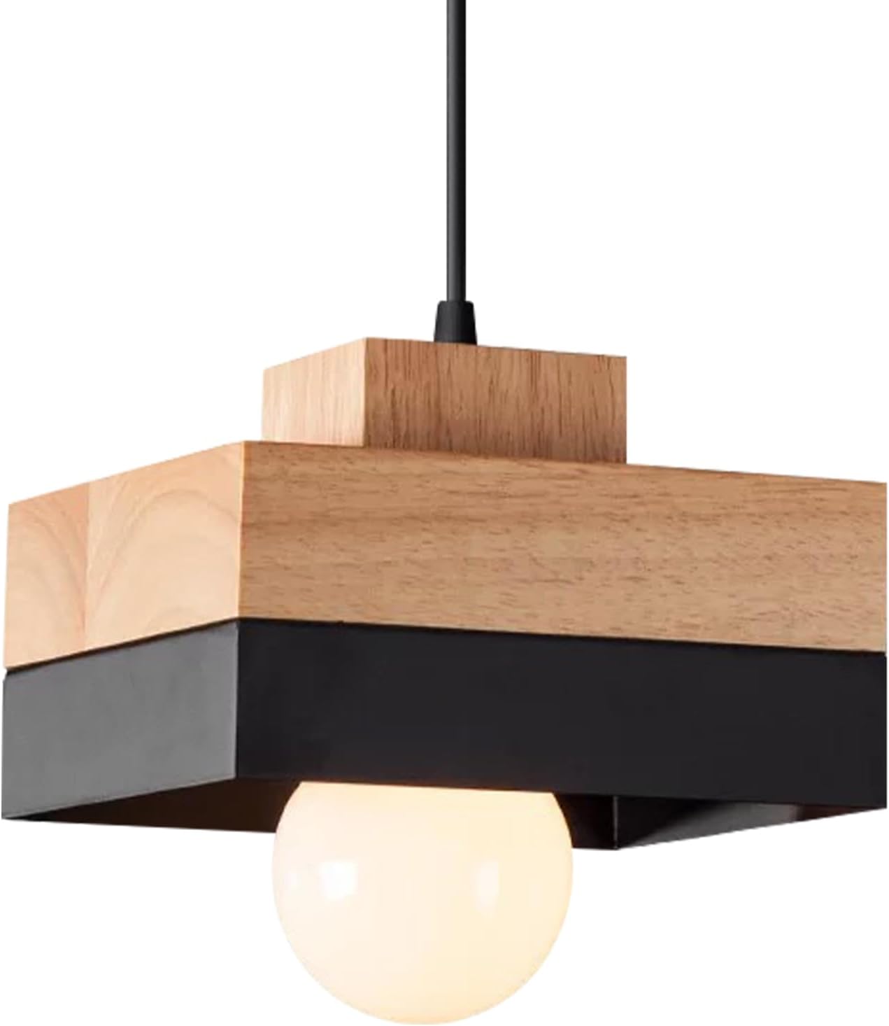 Vintage Quadratische Deckenleuchte Aus Holz, E27-fassung, Pendelleuchte Für Den Innenbereich Mit Lampenschirm, Moderne Industrielle Pendelleuchte Aus Metall Für Wohnzimmer, Schlafzimmer, Küche (schwar