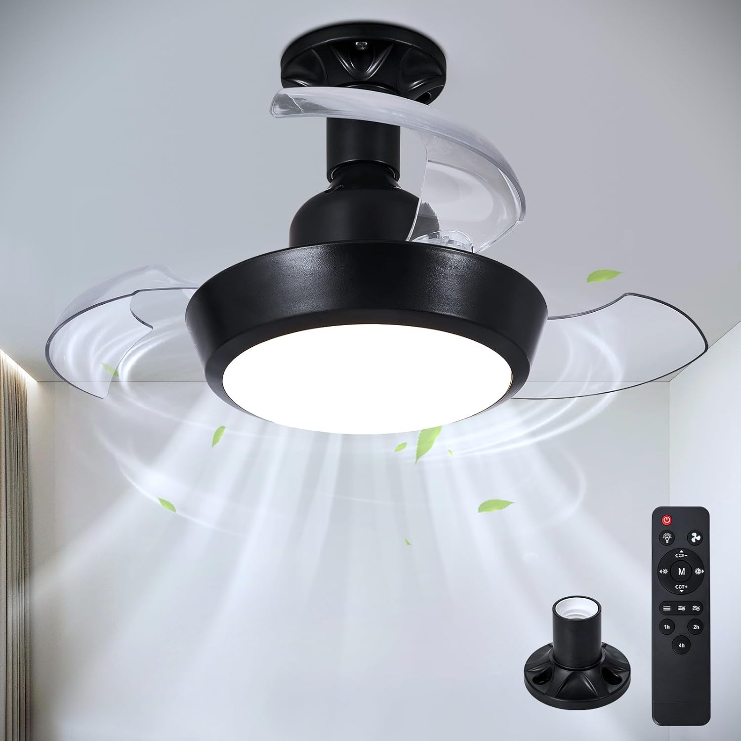 Kleiner Deckenventilator Mit Licht Und Fernbedienung, Schwarze E27-stehlampe Mit 3 Einziehbaren Flügeln, 30-w-/1400-lm-led-lampe