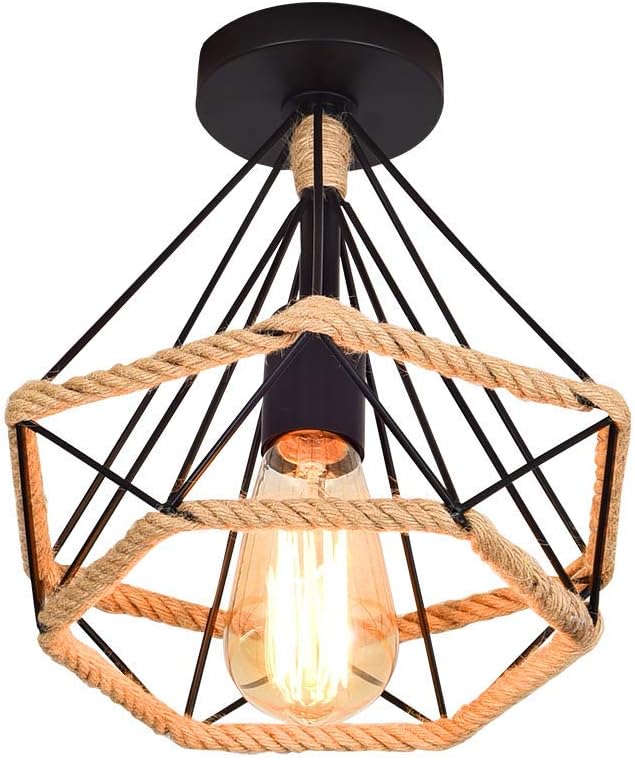 Vintage-deckenleuchte, Industrielle Vintage-hängeleuchte Aus Metall Mit Diamantkäfig Und Hanfseil Für Wohnzimmer, Schlafzimmer, Warmes Licht