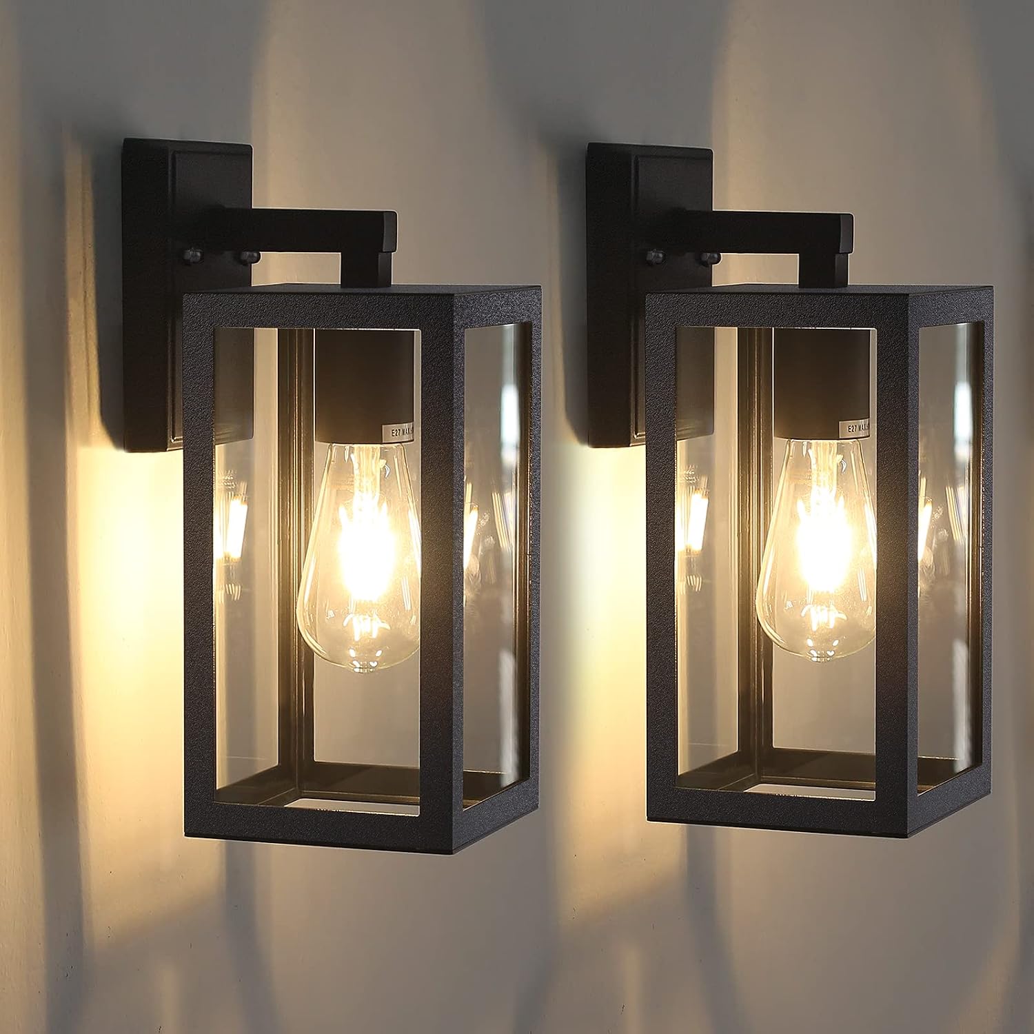 2 Stück Außenwandleuchten Mit Schirmklares Glas, Tageslicht, E27, Ip44 Wasserdicht, Matt Schwarz