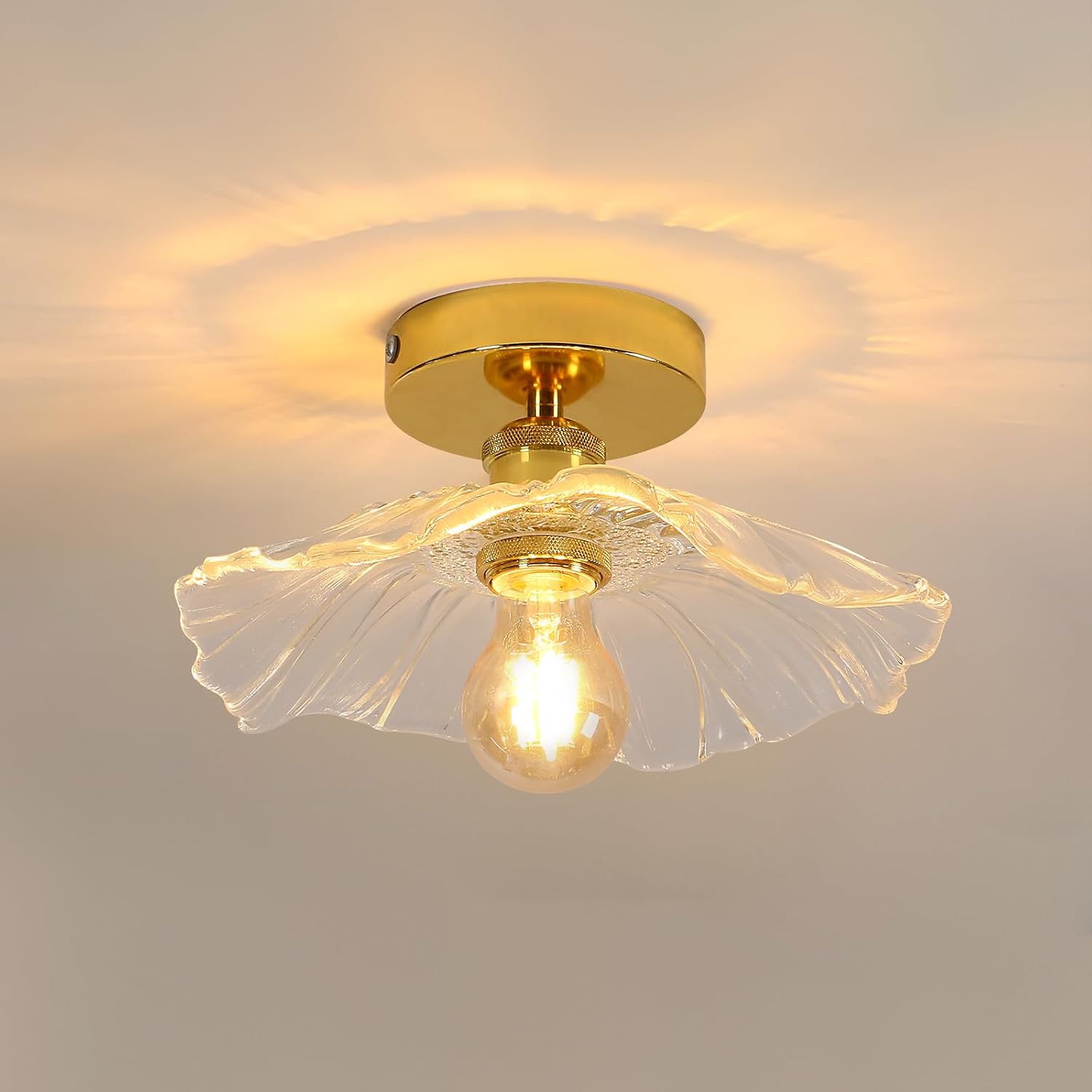 E27-flur-deckenleuchte, Blütenförmige Deckenleuchte, Kleine Klarglas-deckenleuchte Mit Goldenem Schimmer, 28 Cm Durchmesser, Leuchtmittel Nicht Enthalten