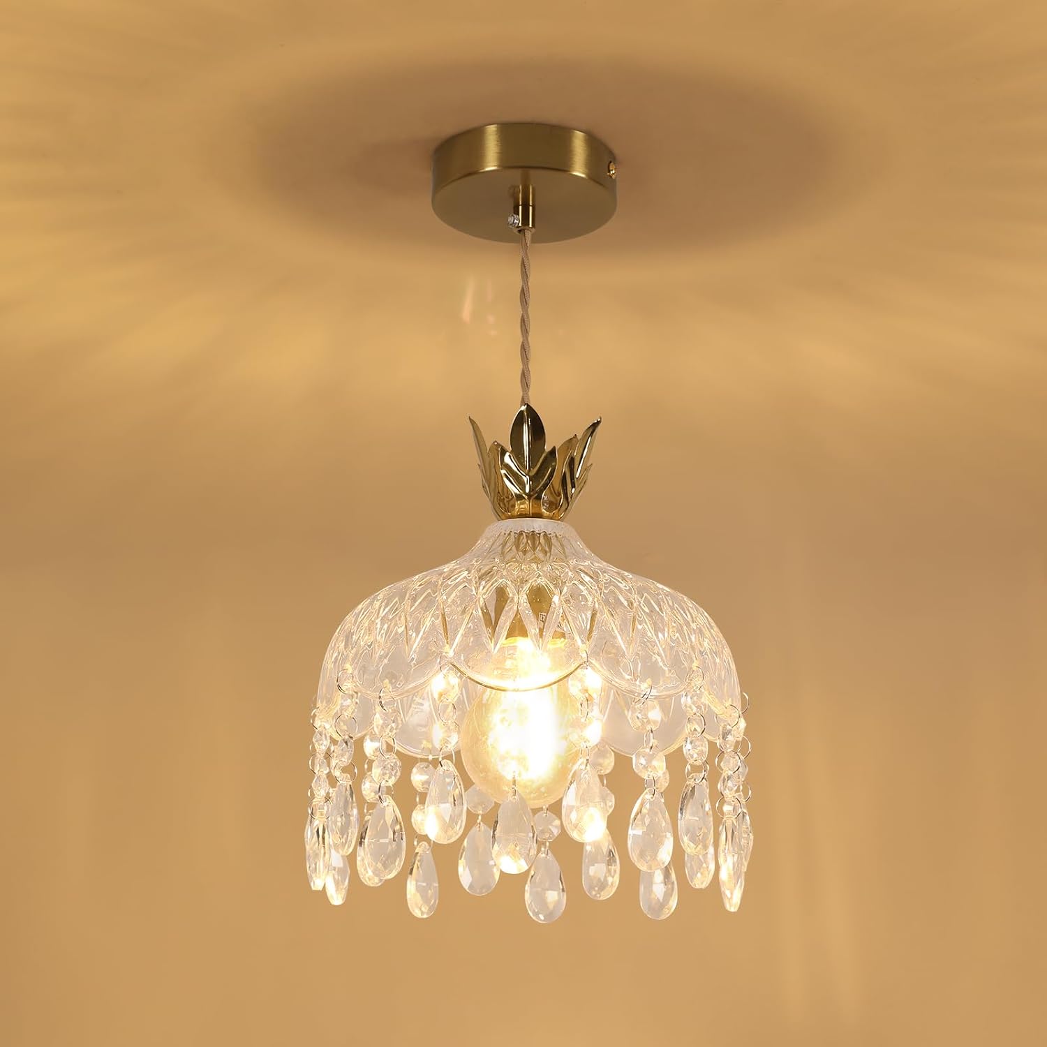 Moderne Pendelleuchte Aus Goldenem Kristallglas Mit E27-fassung (leuchtmittel Nicht Enthalten), Benötigt Ein Vorgebohrtes Montageloch.