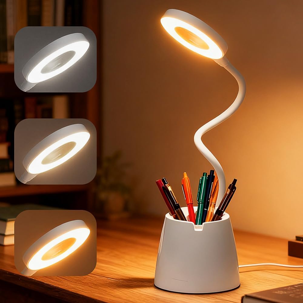 Kindertischlampe Mit Einstellbarer Helligkeit, Weiß, 3 Beleuchtungsmodi, Integriertem Stifthalter Und Handyhalterung, Geschenk Für Mädchen Und Jungen