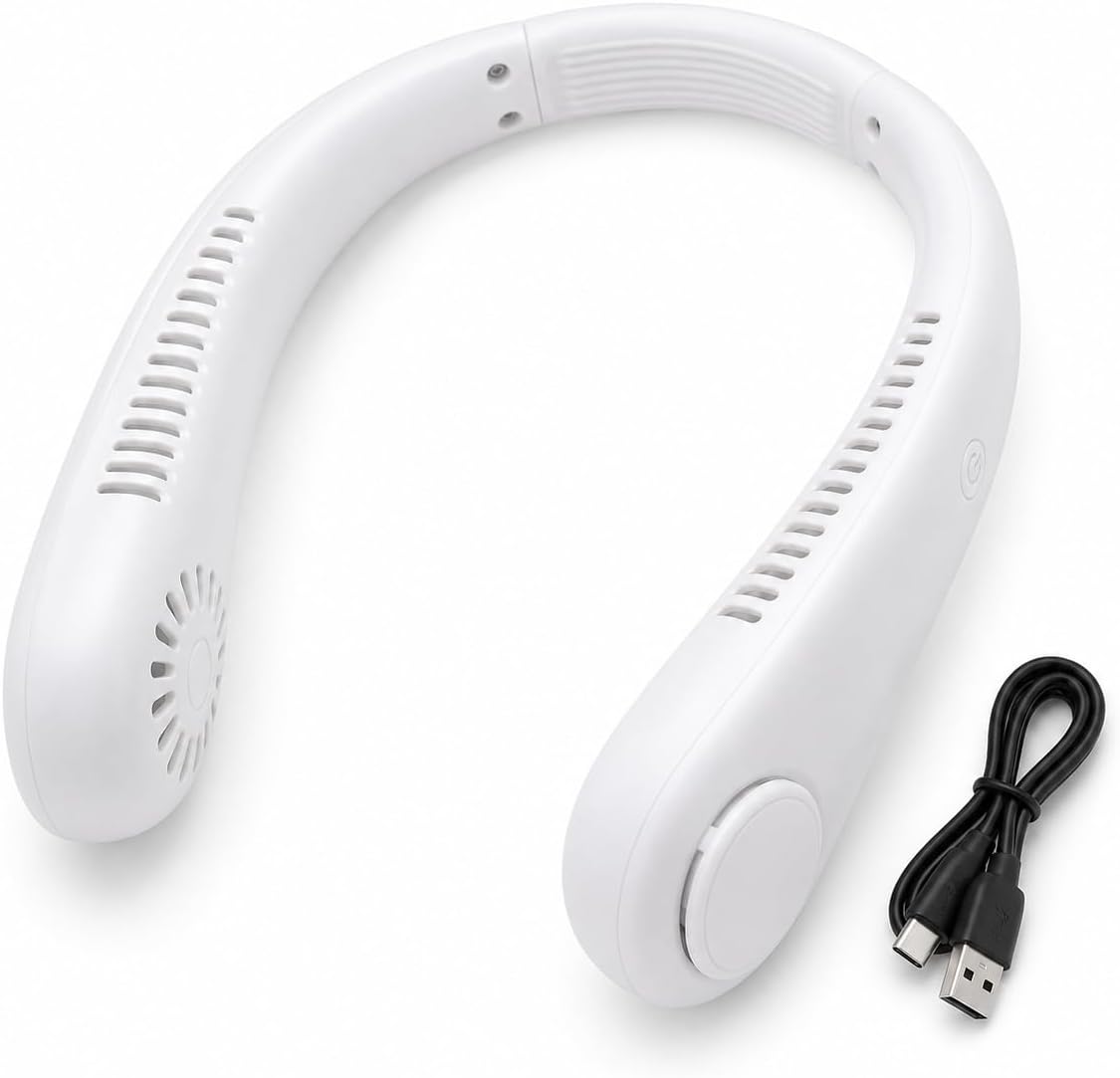 Tragbarer, Verstellbarer Nackenventilator, 3 Geschwindigkeitsstufen, 1200-mah-akku, Usb-aufladbar, Ideal Für Reisen, Büro Und Sport, Weiß