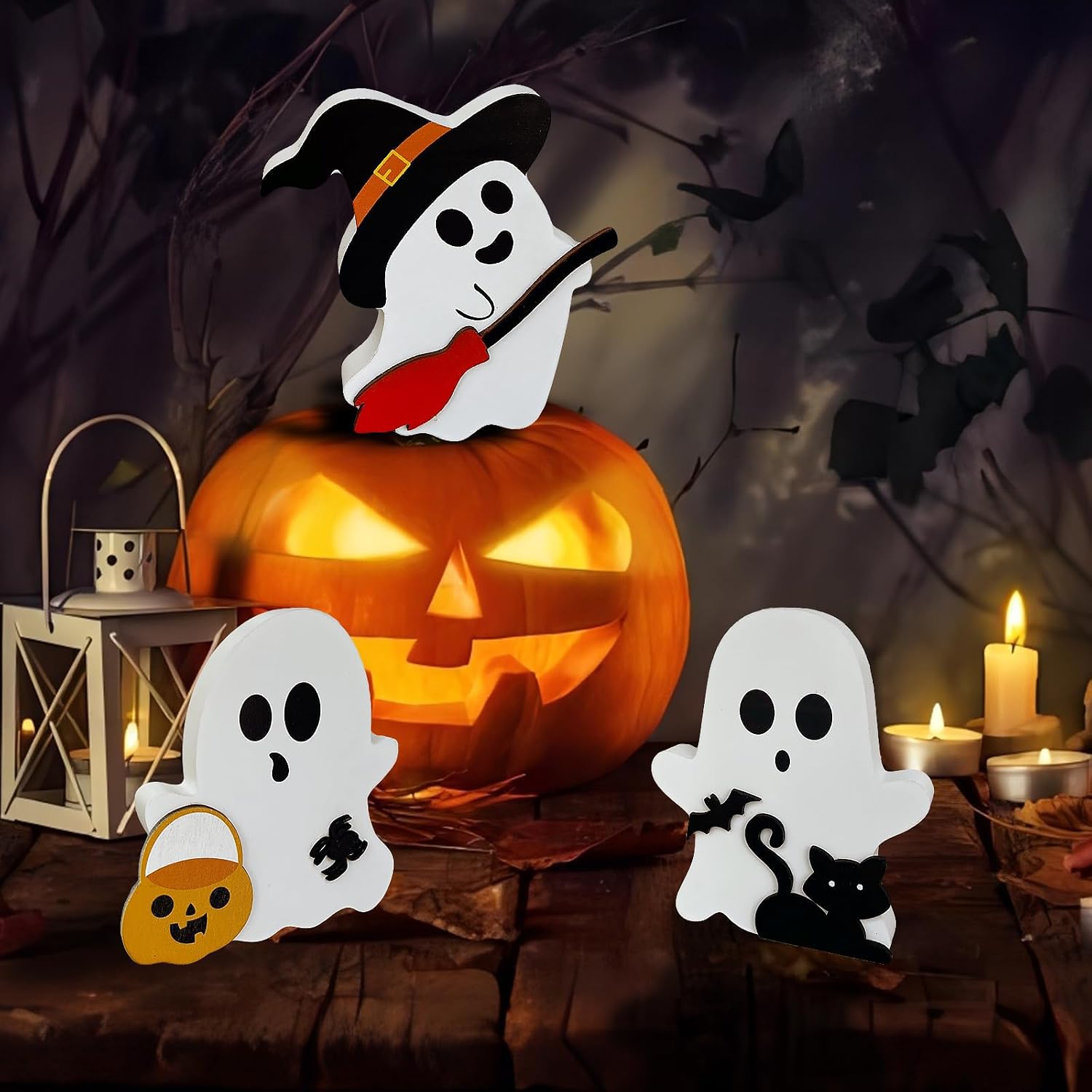 Niedliche Halloween-tischdekoration Aus Holz, Kürbis-geister-design, Vielseitig Verwendbar Für Heimdekoration Und Partygeschenke