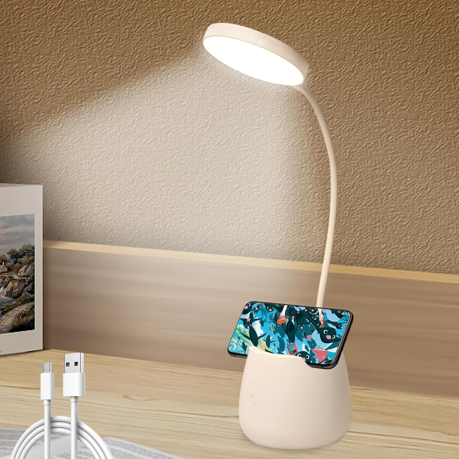 Led-leselampe/tischlampe Für Kinder, Led-nachtlicht Mit Stifthalter, 3 Dimmstufen, Usb-aufladbar, Berührungsschalter