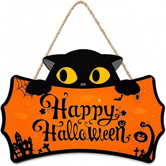 Halloween-holzschild: Schwarze Katze, Kürbis, Geist, Robuste Dekoration Für Drinnen Und Draußen Mit Seil, Sofort Aufhängefertig Für Halloween-partys