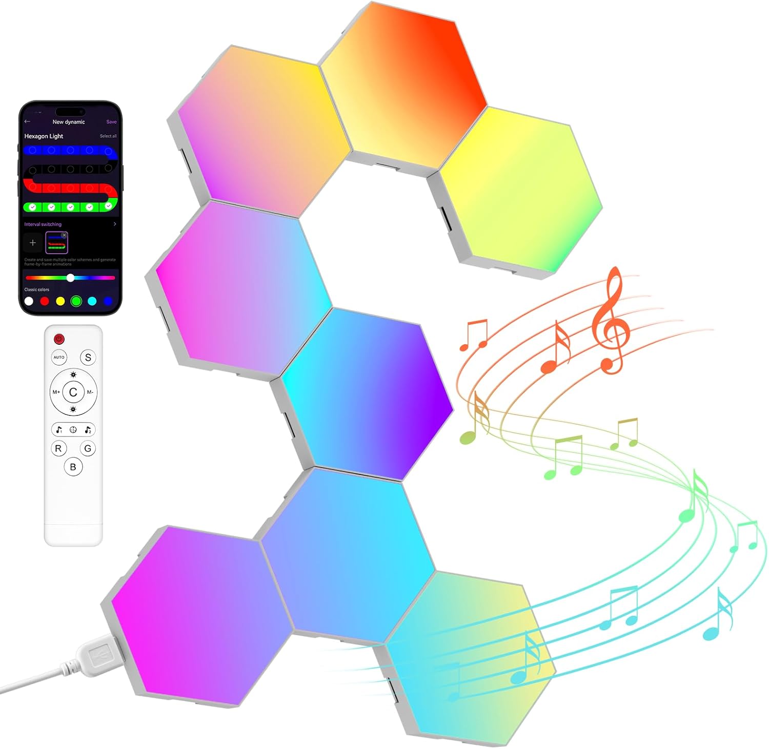 8-led-sechseck-wandleuchte, Intelligente, Synchronisierte Musik-moduldekoration, Rgb-licht-app Und Fernbedienungssteuerung, Diy-kreativwandleuchte