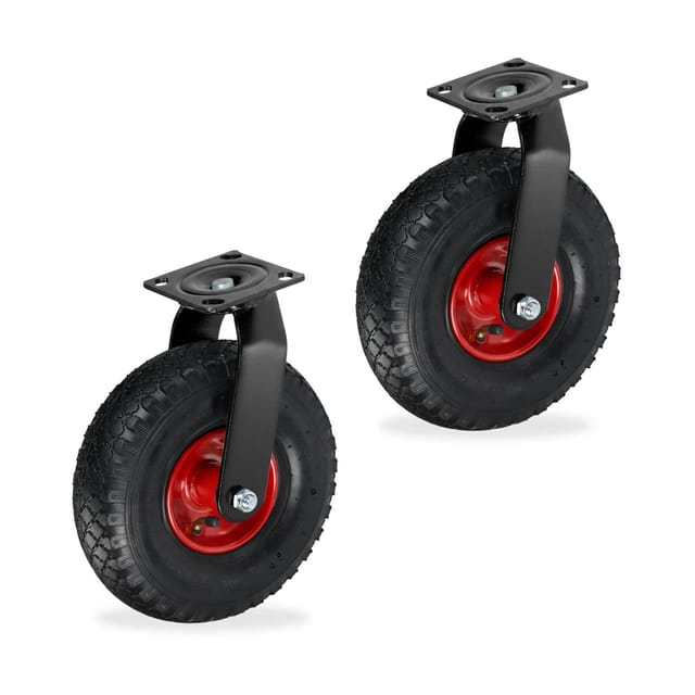 Relaxdays Lenkrolle 2er Set, luftbereift, 3.00-4, Schwerlast-Transportrolle, Platte zum Anschrauben, 120 kg, schwarz-rot