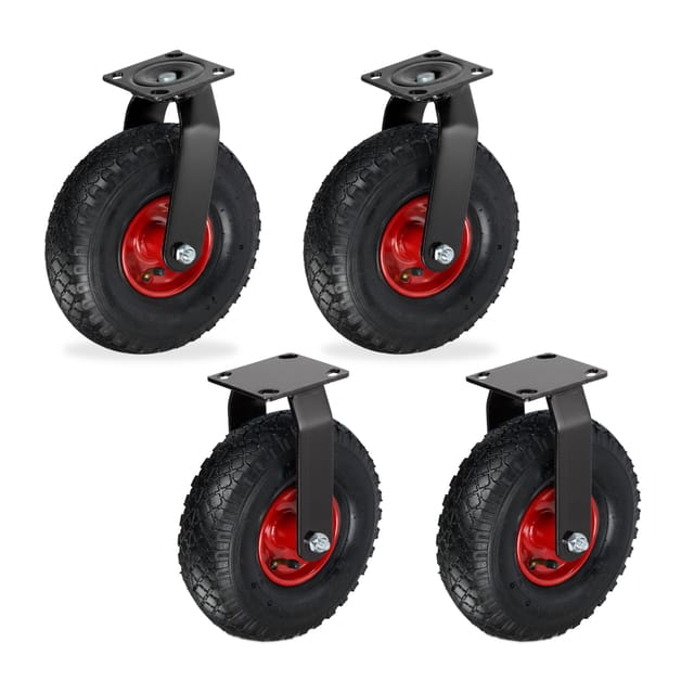 Relaxdays 2x Bockrolle + 2x Lenkrolle Set, luftbereiftes Schwerlastrad, 3.00-4, Transportrollen 120 kg, schwarz/rot