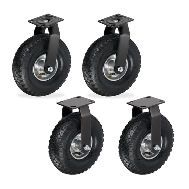 Relaxdays 2x Bockrolle + 2x Lenkrolle Set, luftbereiftes Schwerlastrad, 3.00-4, Transportrollen 120 kg, schwarz/silber