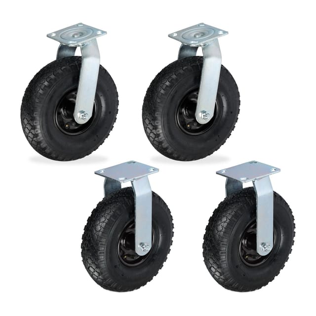 Relaxdays 2x Bockrolle + 2x Lenkrolle Set, luftbereiftes Schwerlastrad 3.00-4, Transportrollen Platte 120 kg, schwarz