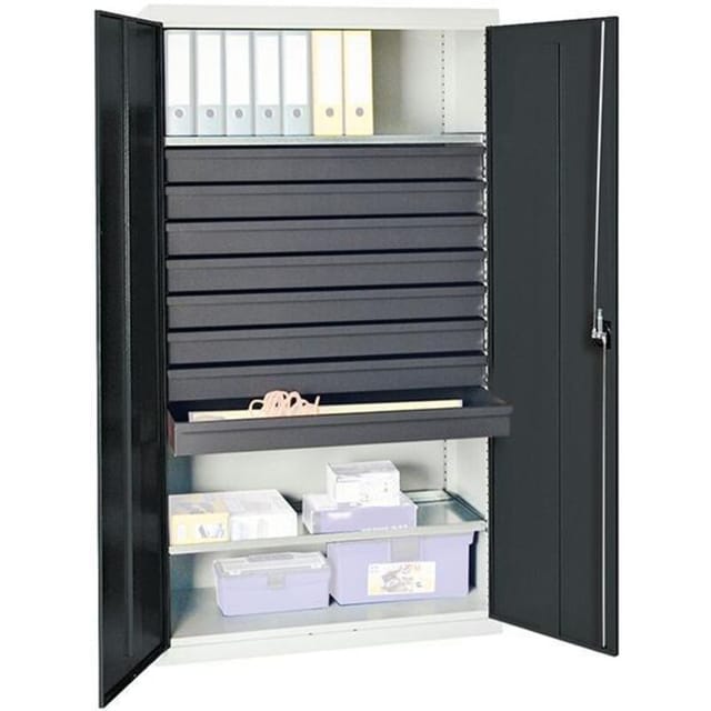 Werkzeug- und Materialschrank Serie 3000 lichtgrau / anthrazitgrau + 8 Schublade 100 mm + 2 Auszugsböden durchgehend - 3008171 - Stumpf