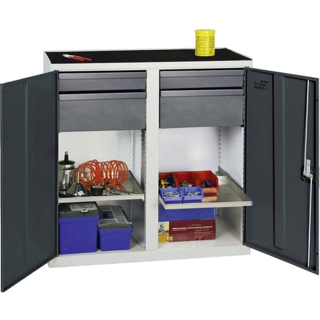 Werkzeug- und Materialschrank Serie 3000 lichtgrau / anthrazitgrau + 2 Schubladen 100 mm + 2 Schubladen 200 mm + 2 Auszugsböden - 3002371 - Stumpf