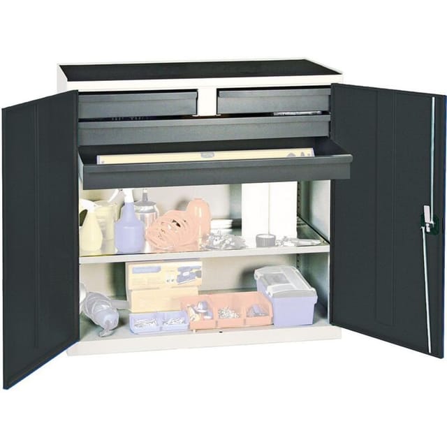 Werkzeug- und Materialschrank Serie 3000 lichtgrau / anthrazitgrau + 2 Schubladen 100 mm + 2 Schubladen 100 mm durchgehend + 1 Auszugsboden - 3007471