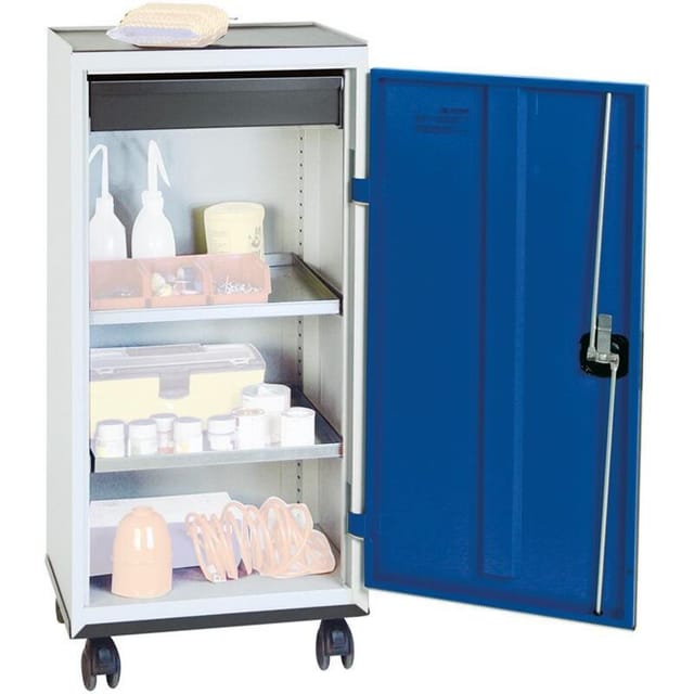 Werkzeug- und Materialschrank Serie 3000 lichtgrau / enzianblau + 1 Schublade 100 mm + 2 Auszugsböden Rolluntersatz - 3093174 - Stumpf