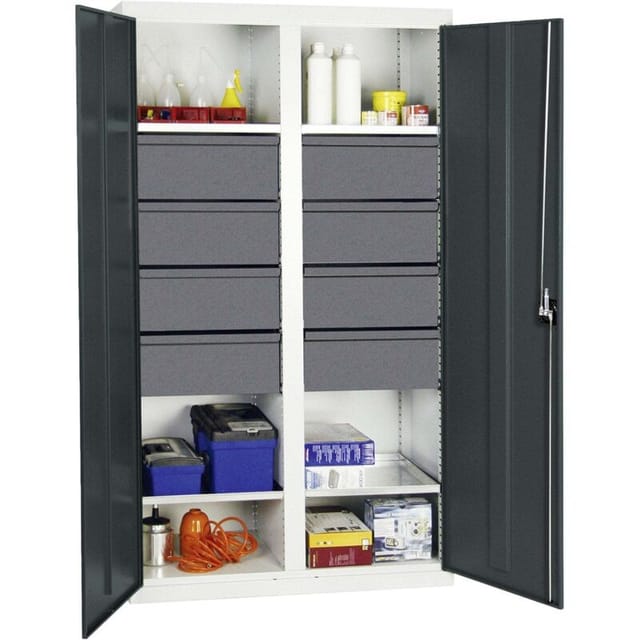 Werkzeug- und Materialschrank Serie 3000 lichtgrau / anthrazitgrau + 8 Schublade 200 mm + Mitteltrennwand + 4 Auszugsböden - 3004671 - Stumpf