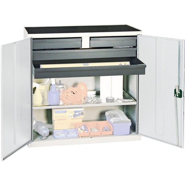 Werkzeug- und Materialschrank Serie 3000 lichtgrau + 2 Schubladen 100 mm + 2 Schubladen 100 mm durchgehend + 1 Auszugsboden - 3007407 - Stumpf