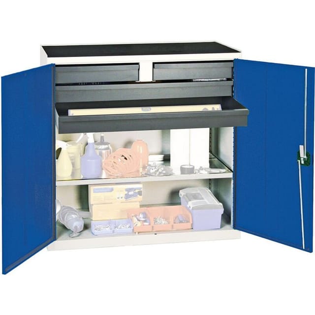 Werkzeug- und Materialschrank Serie 3000 lichtgrau / enzianblau + 2 Schubladen 100 mm + 2 Schubladen 100 mm durchgehend + 1 Auszugsboden - 3007474