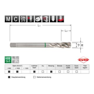 Ruko - Maschinengewindebohrer m din 376 HSSE-Co 5 mit Überlaufschaft Form c 35° m 12 - 2335120E