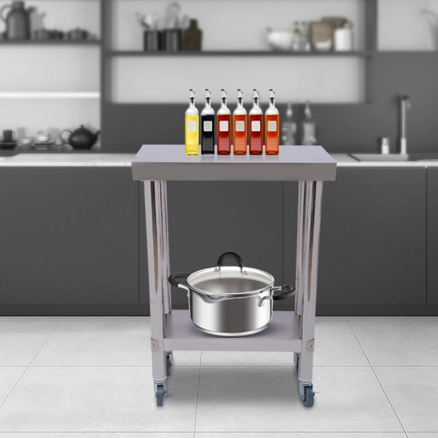 Werkbank aus Edelstahl 60 x 45 cm Werkbank Küchenwerkbank Hacktisch Gourmetküche Vorbereitungstisch + Rollen