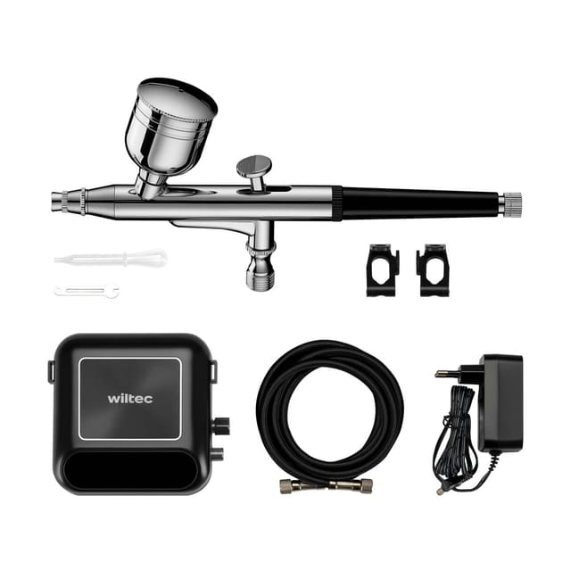 Wiltec HS-A10K Kompressor Zubehör Set 2,8 bar, Airbrush Set 12 V, Airbrushpistole mit 0,3 mm Düse, Druckluft Kompressor mit Air Brush