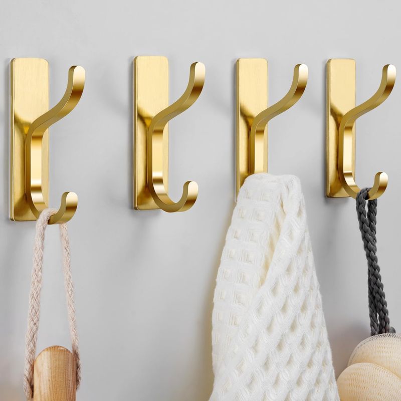Crochets Autocollants Dorés Pour Suspension - Robustes À Coller (supporte 6 Kg), Crochets Muraux Pour Serviette, Manteaux, Sacs, Porte-monnaie, Clés - Pour Salle De Bain, Cuisine - En Acier
