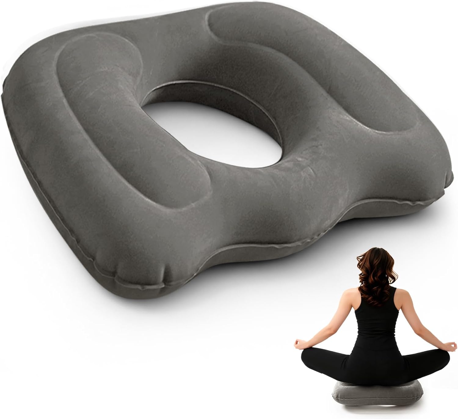 Coussin Gonflable Coccyx, Portable, Bureau Voyage, Gris Foncé fermeté Ajustable Par Air, Centre Évidé Pour Aération, Facile À Ranger, Durable, Charge Max 100 Kg.