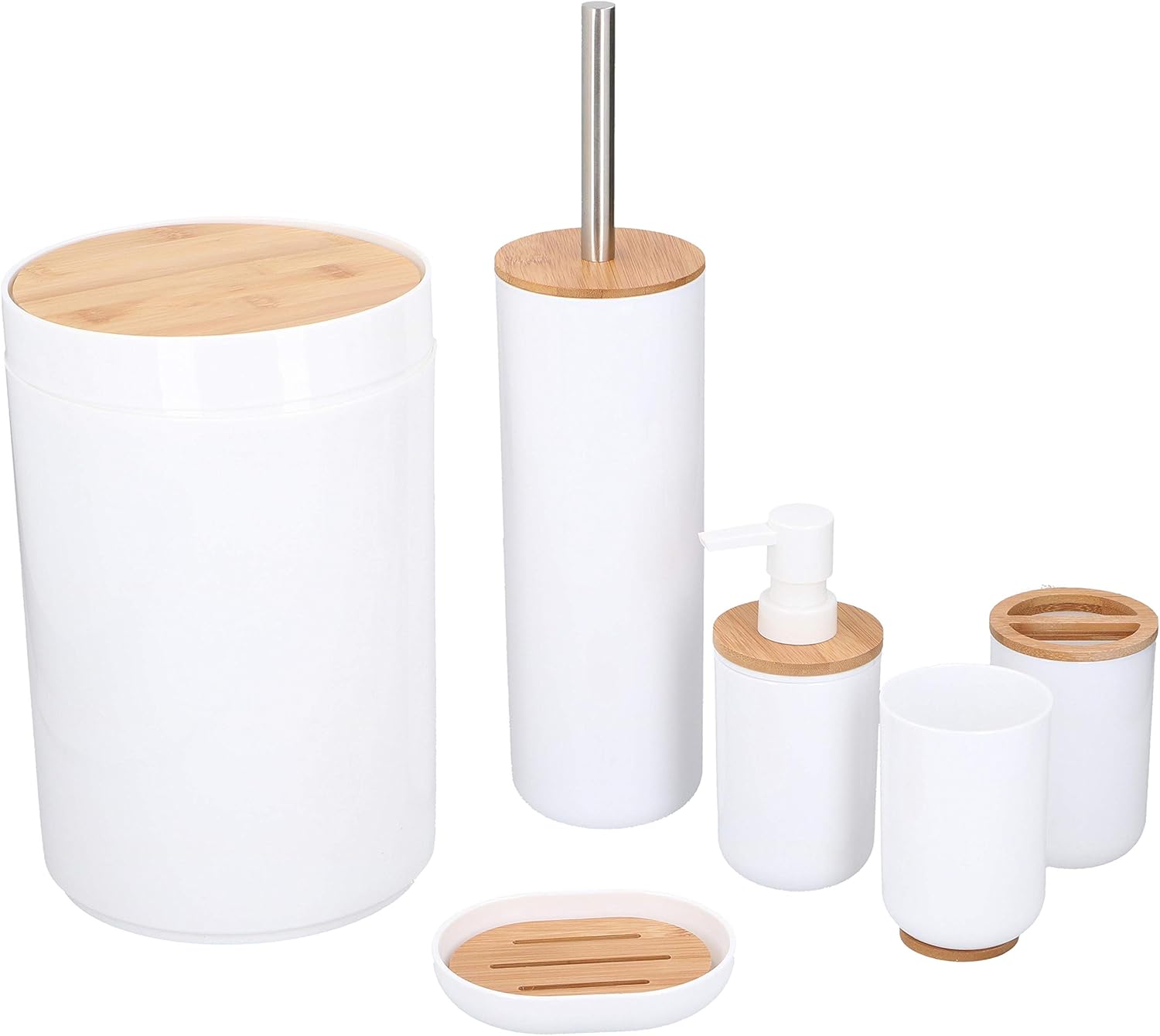 Ensemble De Toilette - 6-pièces - Distributeur De Savon - Porte-brosse À Dents - Brosse De Toilette - Corbeille À Papier - Porte-savon - Tasse - Bambou - Blanc, Unique