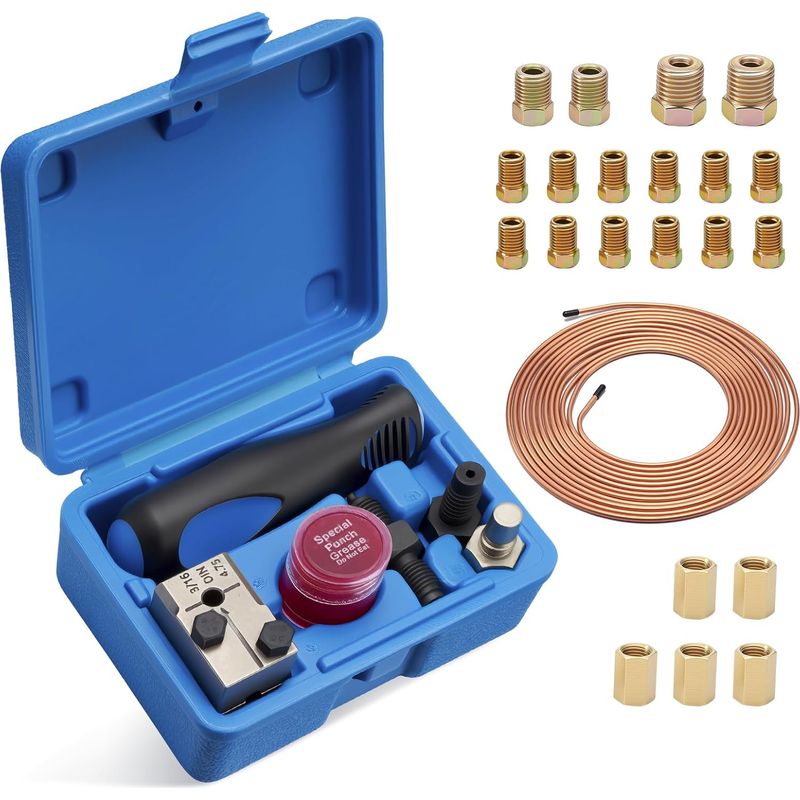 Outil Double Sertissage Pour Conduites De Frein Din, 4,75 Mm (3/16"), Kit D'Outils Sertir Pour Conduites De Frein, 7,62m De Conduite Frein Ø 4,75 Mm Avec 16 Raccords + 5 Connecteurs