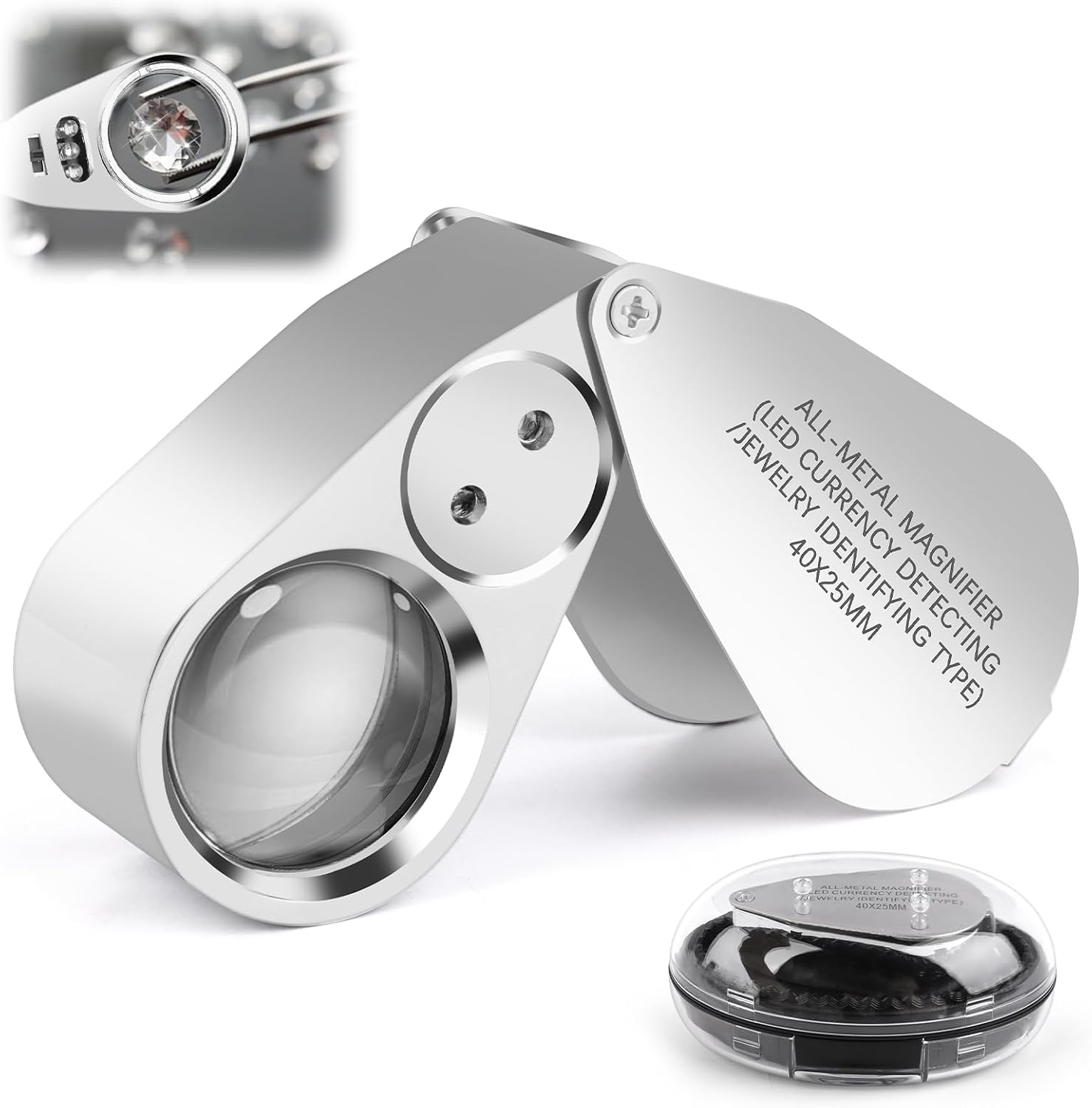 40-fache Juwelierlupe, Handlupe Aus Edelstahlmetall Mit Led-licht Für Diamanten, Schmuck, Münzen, Schmuckidentifizierung Und Münzerkennung.