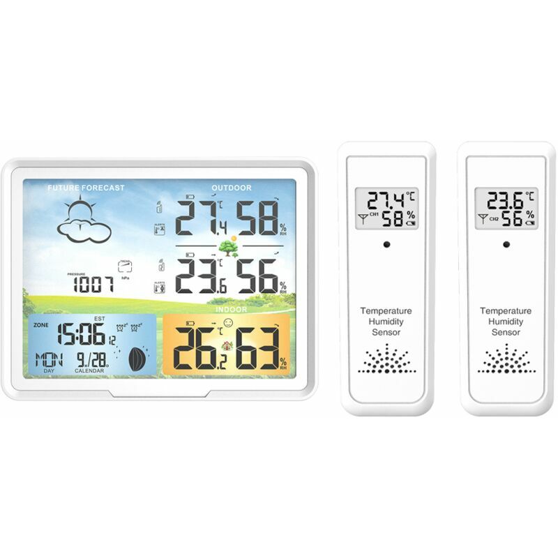 Funkwetterstation Mit 2 Außensensoren, Funkuhr Innen- Und Außenwecker Temperatur Und Luftfeuchtigkeit Funkwetterstation Mit Farbdisplay Für Wohnzimmer