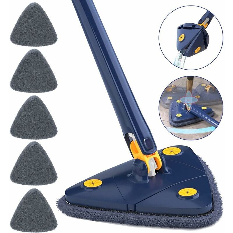360° Drehbarer Dreieckiger Mopp Mit 6 Tüchern – Teleskopbesen Für Holzböden, Fenster, Wände, Fliesen (mop Blue)