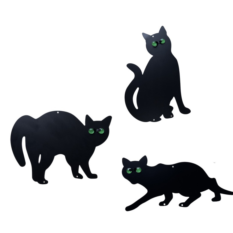 3er Set Vogelscheuche Katzen, Vertreibt Ungebetene Gartengäste, Schwarz Lackiertes Metall, Mit Funkelnden Kugelaugen
