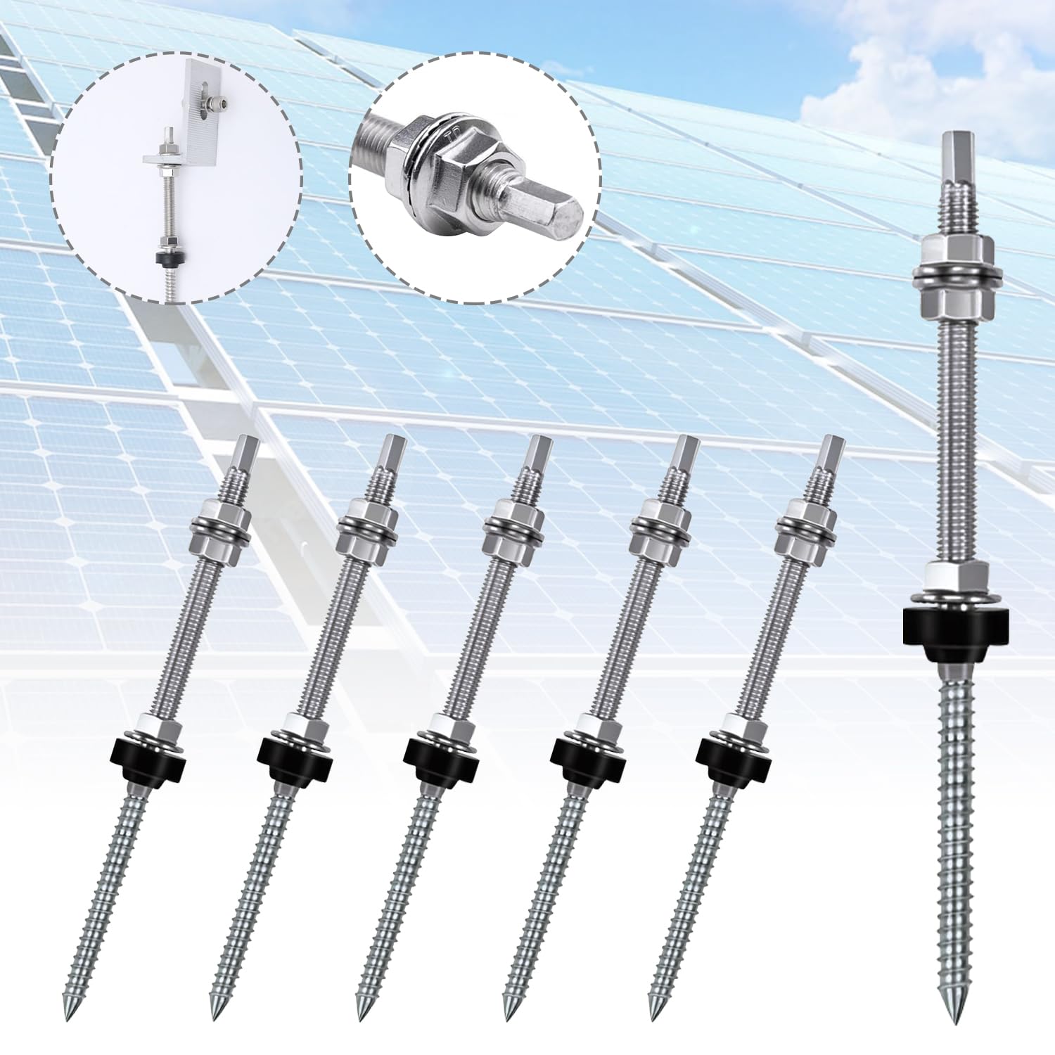6 Stück Befestigungsschrauben Für Solarmodule, M10 X 200 Mm Doppelgewinde-montageschrauben, Höhenverstellbarer Bolzen, Montagebeschlag Für Die Verbindung Von Photovoltaikmodulen