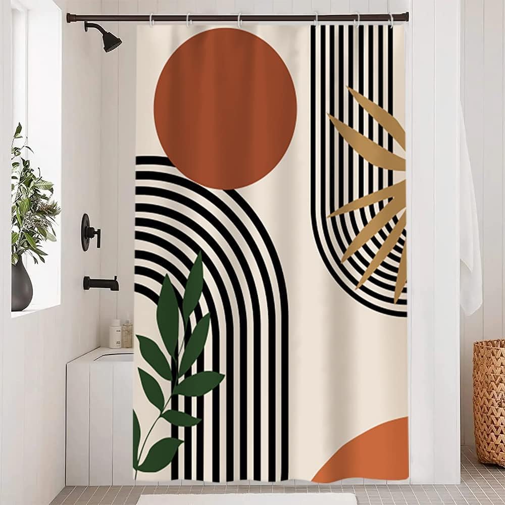 Abstrakter Duschvorhang, Terrakotta, Geometrische Schwarze Linien, Badevorhang, Schimmelresistent, Wasserdicht, Waschbar, Polyestergewebe, 120 X 180 Cm, Mit Haken