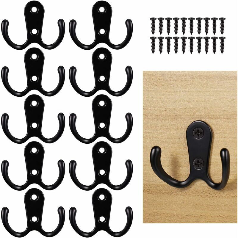 10 Stück Kleiderhaken, Schwarzer Wand-garderobenhaken, Doppelter Kleiderhaken Mit Befestigungsschrauben, Schwarzer Wand-kleiderhaken, Badezimmer-haken, Bademantel-handtuch-aufhängehaken