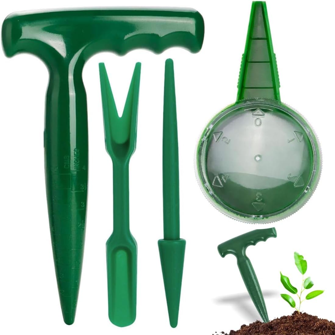 4-teiliges Blumenzwiebelpflanzwerkzeug-set – Blumenzwiebelpflanzwerkzeug – Blumenzwiebelpflanzer, Inklusive Pflanzlocher, Samenspender, Setzling-umpflanzer (grün)