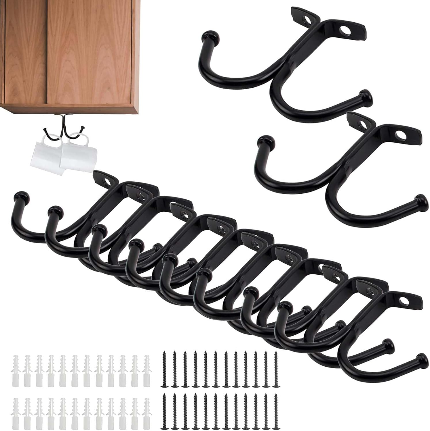 Hängender Tassenhalter, 12 Stück Schwarze Haken, Tassenhaken Und Kleiderhaken Für Zuhause, Schwarzer Doppelhaken, Kaffeetassenhalter Zum Aufhängen Für Zuhause, Garderobe, Badezimmer, Küche